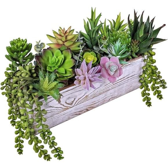 19 Pcs Assorted Artificial Succulents Fake Plants in Rectangular Wooden Pot - Picture 2 of 8